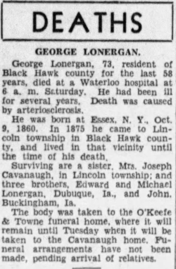 George Lonergan - Obit 1933 IA The Courier (Waterloo, Iowa)